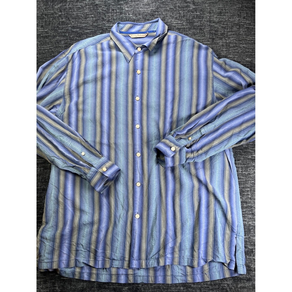 Tommy Bahama Button Up Shirt Mens XL Blue Silk Striped Long Sleeve Relaxed Fit